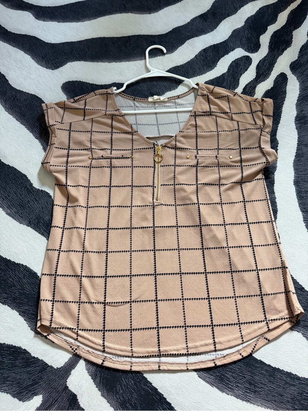 Windowpane Zip V-Neck Blouse in Beige